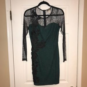 Fitted Emerald Green Dress w/Black Floral Appliqué